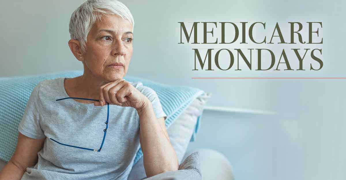 Medicare Mondays event image with senior woman on sofa holding blue glasses.