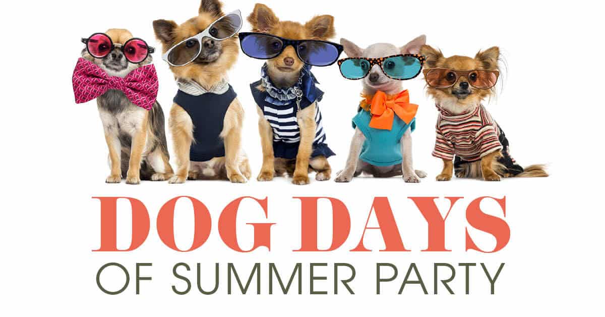 Dog Days of Summer Party image with five small dogs dressed up and wearing sunglasses.