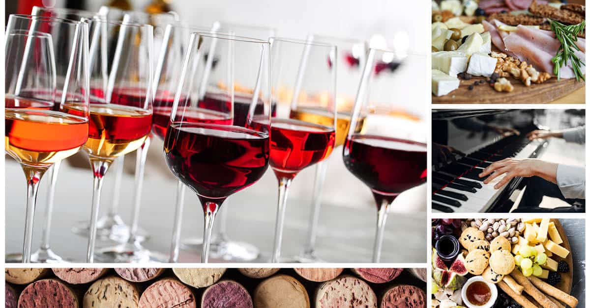 Collage images of wine glasses filled with read and white wine, charcuterie spreads and man's hands in suit jacket playing a black grand piano.