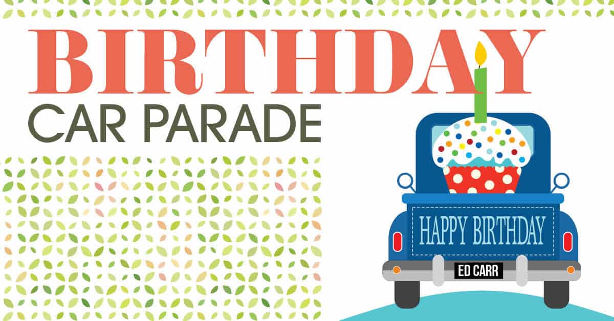 Birthday Car Parade event image with blue truck holding a giant cupcake.