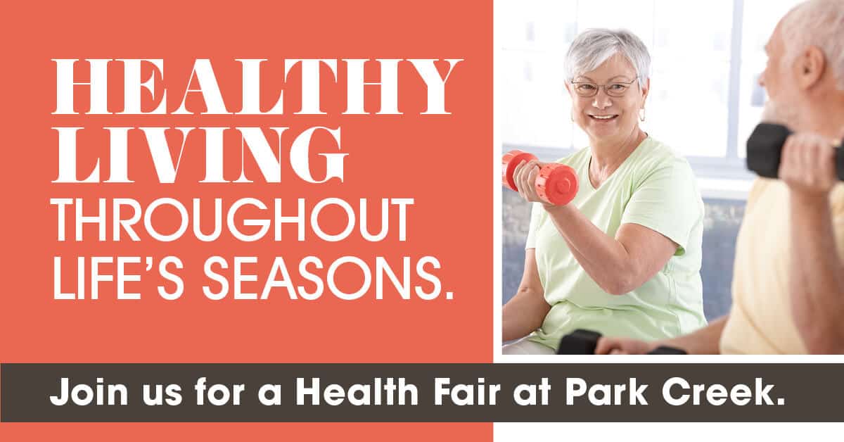 Healthy Living Throughout the Season Health Fair event image with senior couple lifting hand weights.
